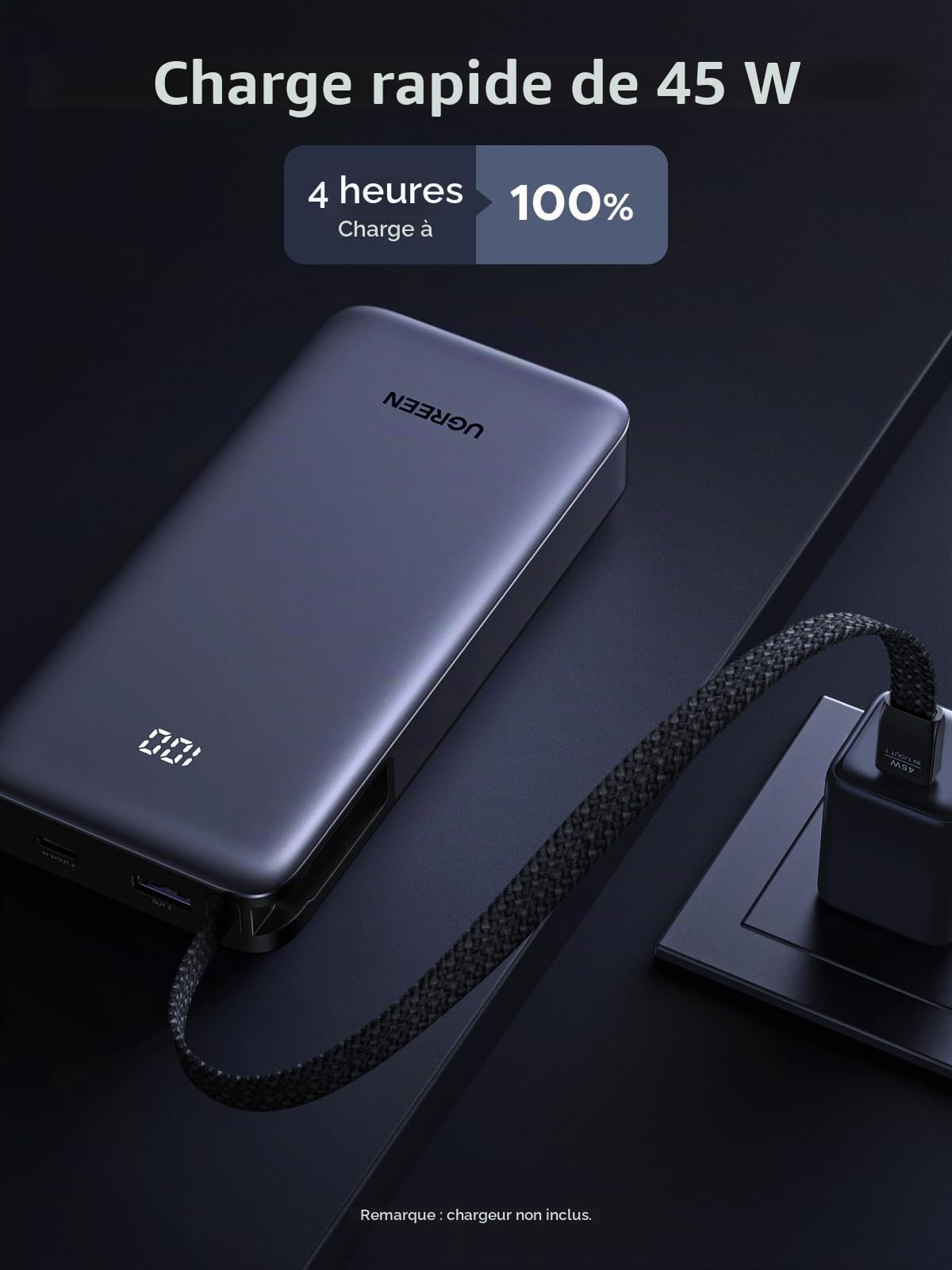 UGREEN Nexode 65W Chargeur USB C avec 45W Power Bank 20000mAh Câble USB C Intégré