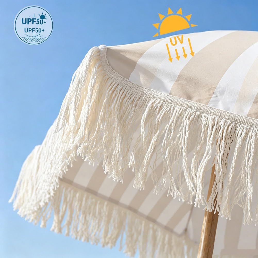 180 cm Paskowany Parasol Tarasowy z Frędzlami, Boho Parasol Ogrodowy z Regulowaną Wysokością i Kątem Nachylenia 30° do Basenu Ogrodowego