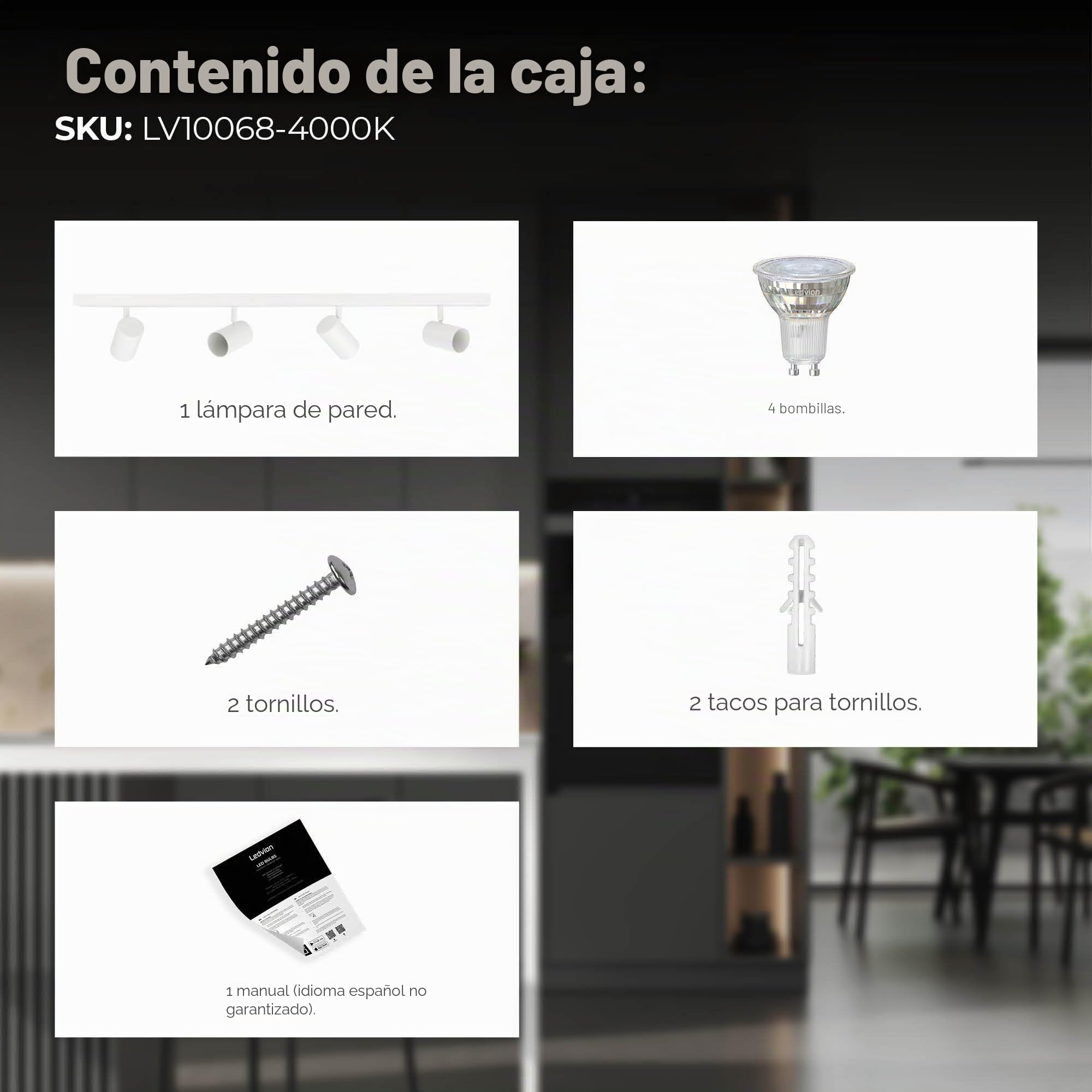 Ledvion - Foco de Techo LED, Blanco, 4 Luces, Regulable, 5W, 4000K, Rectangular, Casquillo GU10, IP20, Inclinable, Incluye Bombilla GU10 | Con bombilla suministrada para pasillo, salón, cocina, dormitorio e interior seco