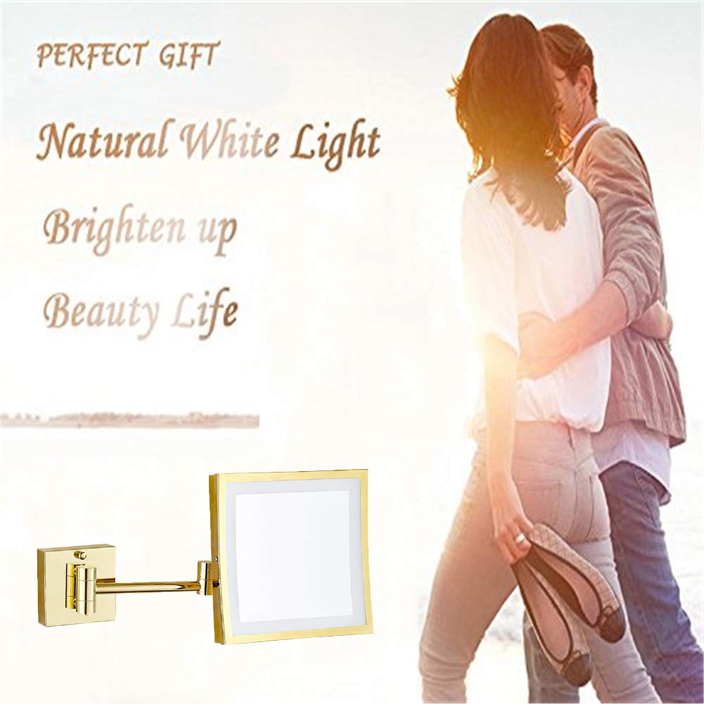 Specchio Trucco Specchio per Il Trucco Montaggio a Parete, Illuminato a LED Estensibile Ingrandimento 3X Specchio da Bagno su Un Lato Specchio cosmetico Quadrato Pieghevole,Gold_8.5inch