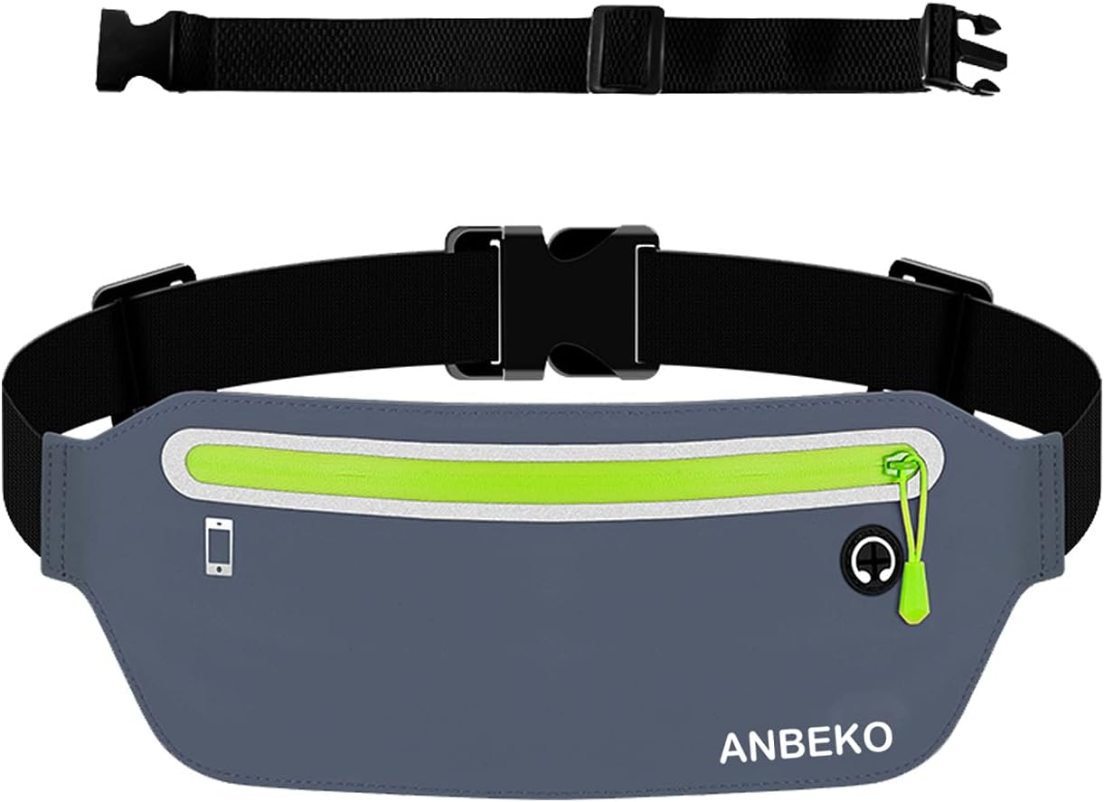 ANBEKO Slim Running belt Waist Pouch with Extender, Ultra Light Bounce Free Belt Bag, Water Resistant Waist Pack for Women Men, Adjustable Runner Phone Waist Bag for Outdoor Activities Gym Workouts