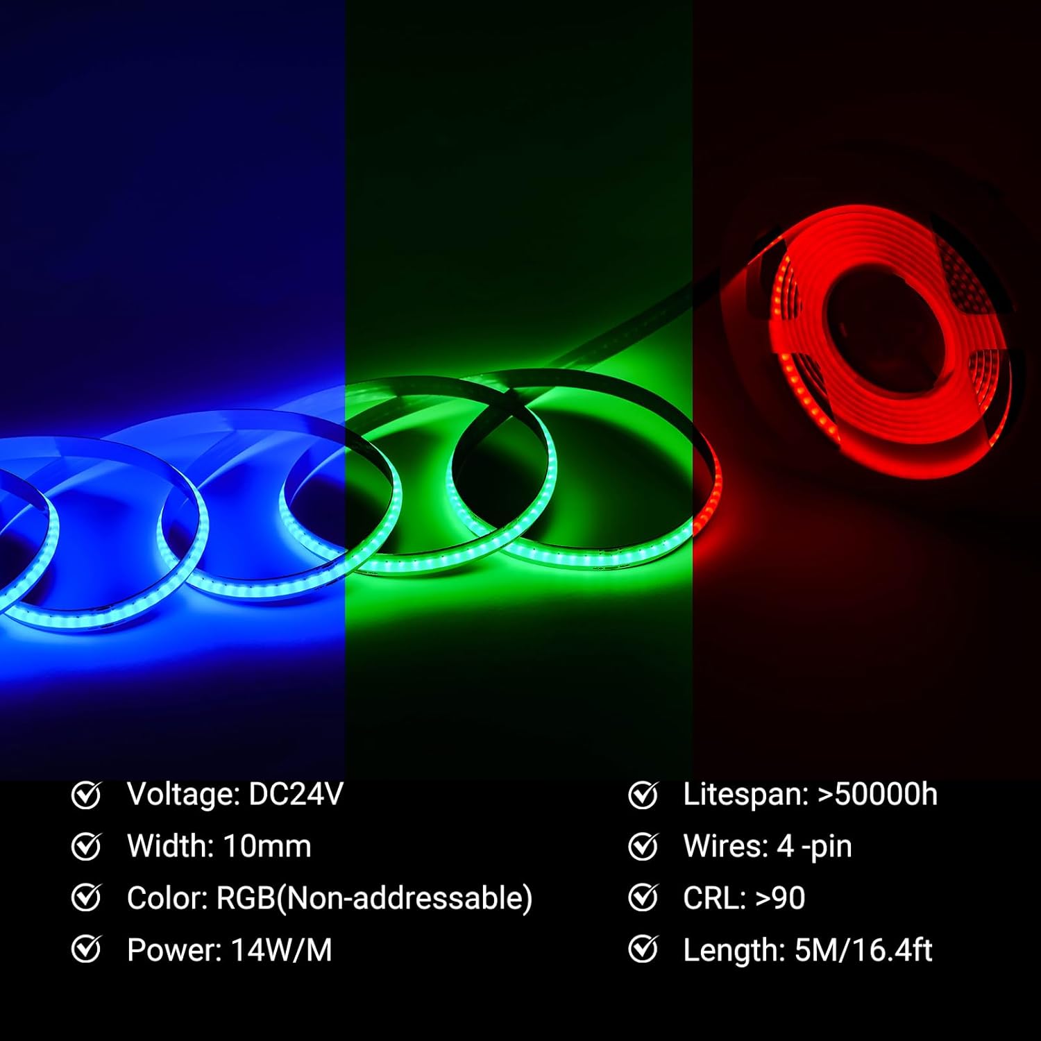 24V RGB COB LED Strip Light No Adapter, Controller, 16.4ft Color Changing Dotless Cuttable LED Tape, 576LEDs/M High Density 4Wires RGB 10mm Wide, Low Voltage for Cabinet, Bedroom, Living Room, Kitchen