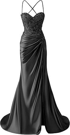 Bolodoo Womens Lace Applique Satin Prom Dress with Slit Mermaid Twist Corset Long Formal Gown