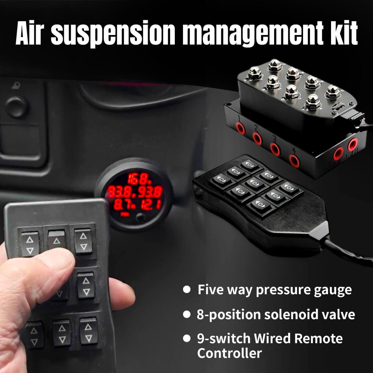 12V Solenoid Valve Air Ride Suspension manifold 8-Valve With 5M 9-switch Wired Remote Controller, equipped with five display air pressure gauge red