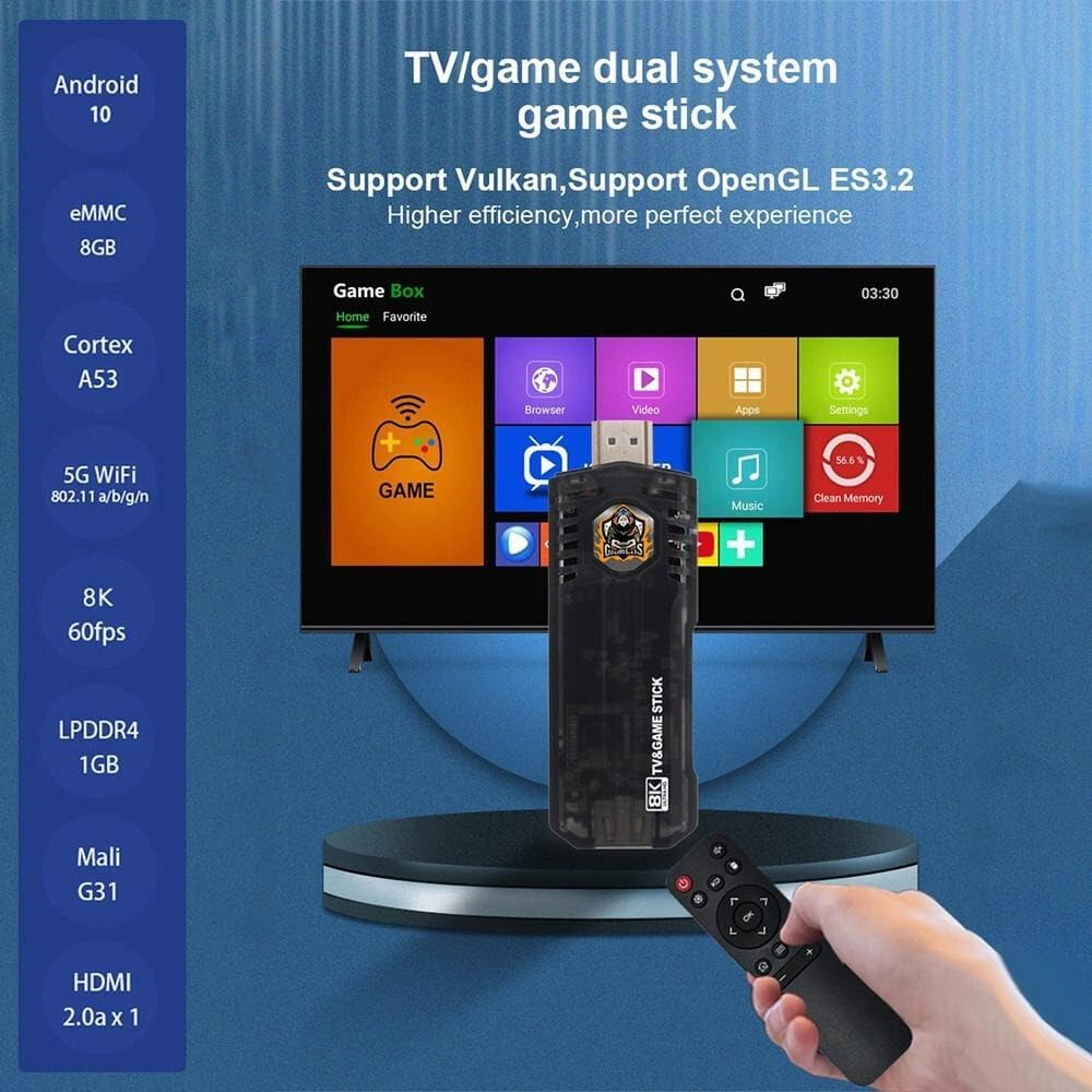 OSEN 2-in-1 TV and Gaming Console Stick with Dual Wireless Controllers & 30000+ Retro Games, 64GB, 8K Plug & Play Android 10 Streaming Stick with Remote 3