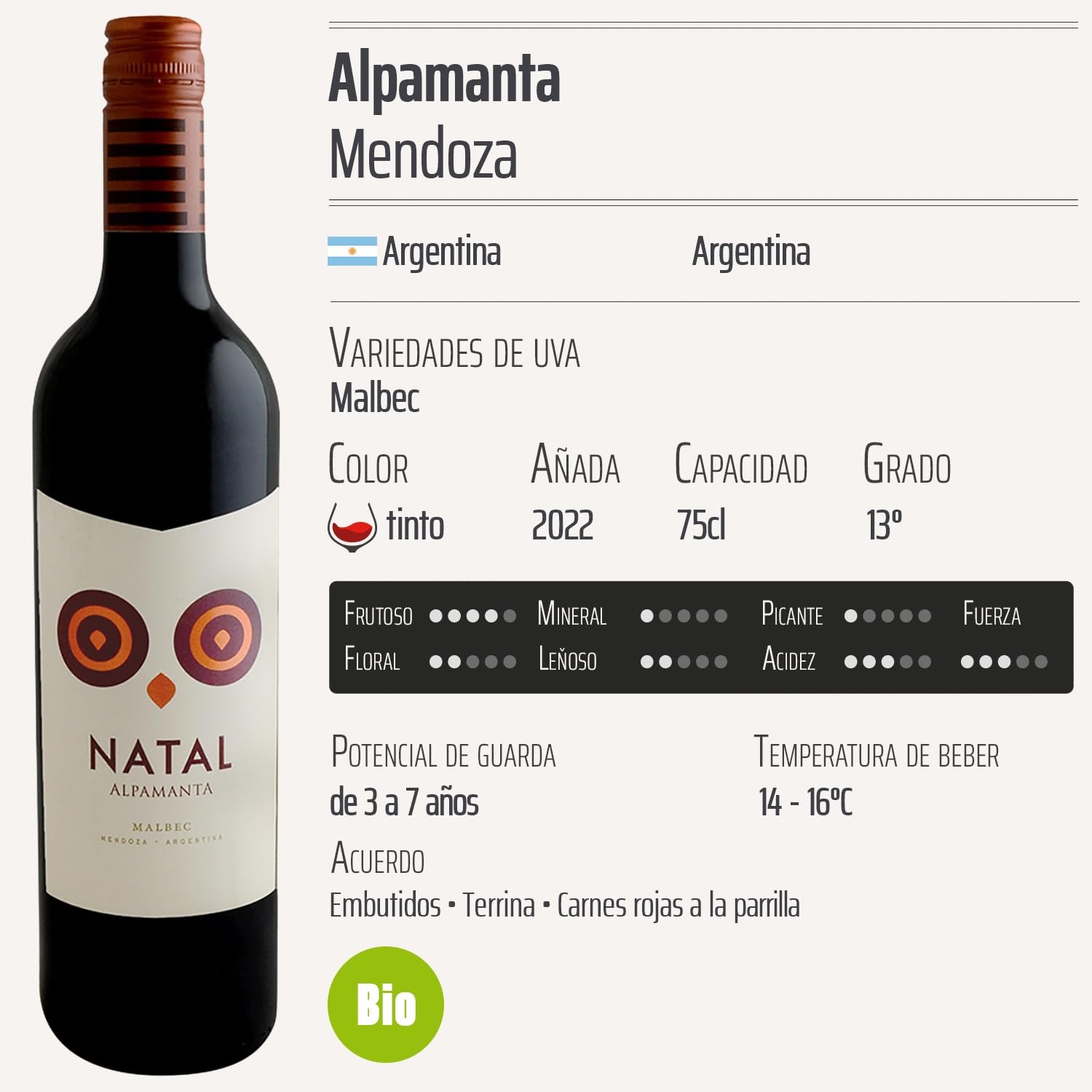 Alpamanta Mendoza Natal Malbec tinto 2022 - Orgánico - Argentina - Variedades de uva Malbec - 12x75cl