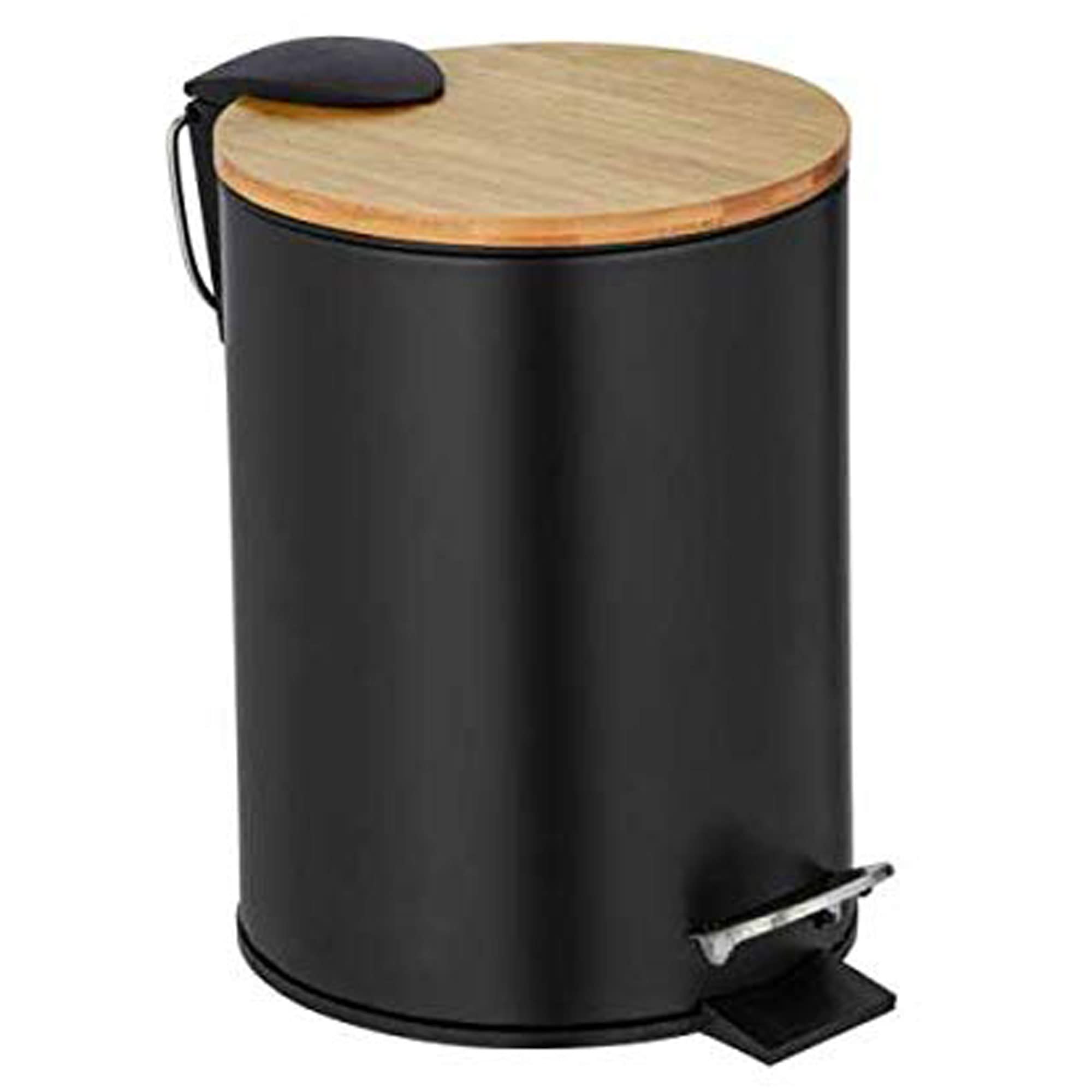 WENKO Kosmetik-Treteimer Tortona, 3 L, matt schwarzer Edelstahl mit Bambusdeckel, Easy-Close