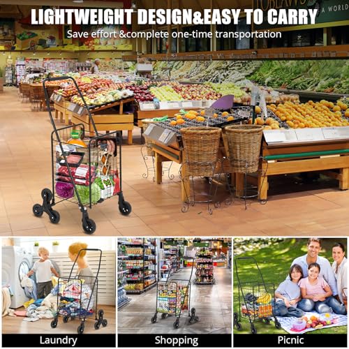 Folding Shopping Cart 110 LBS Capacity Utility Cart with Stair Climbing Wheels, 22 Gallon Large Basket, 360° Swivel Wheels, Collapsible Cart for Laundry, Shopping, Grocery, Luggage, Picnic