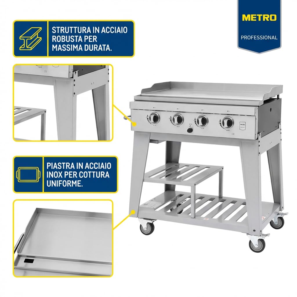 METRO PROFESSIONAL Barbecue a Gas con 4 Bruciatori e Piastra, 85x50 cm, Acciaio Inox, con Ruote e Telo di Copertura, Argento, 14.8 kW