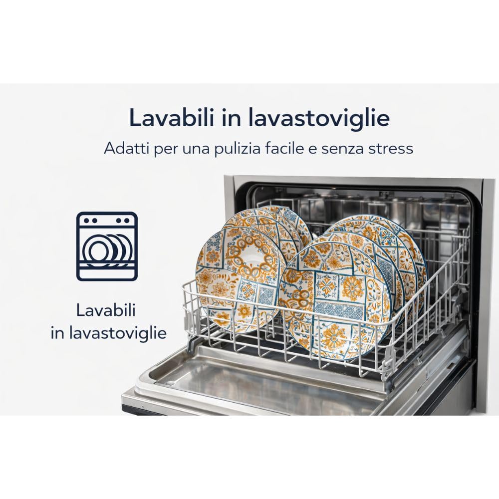 Servizio Piatti 12 Pezzi in Ceramica – Linea Maiolica Azzurra e Arancio –– Set Tavola Elegante e Resistente