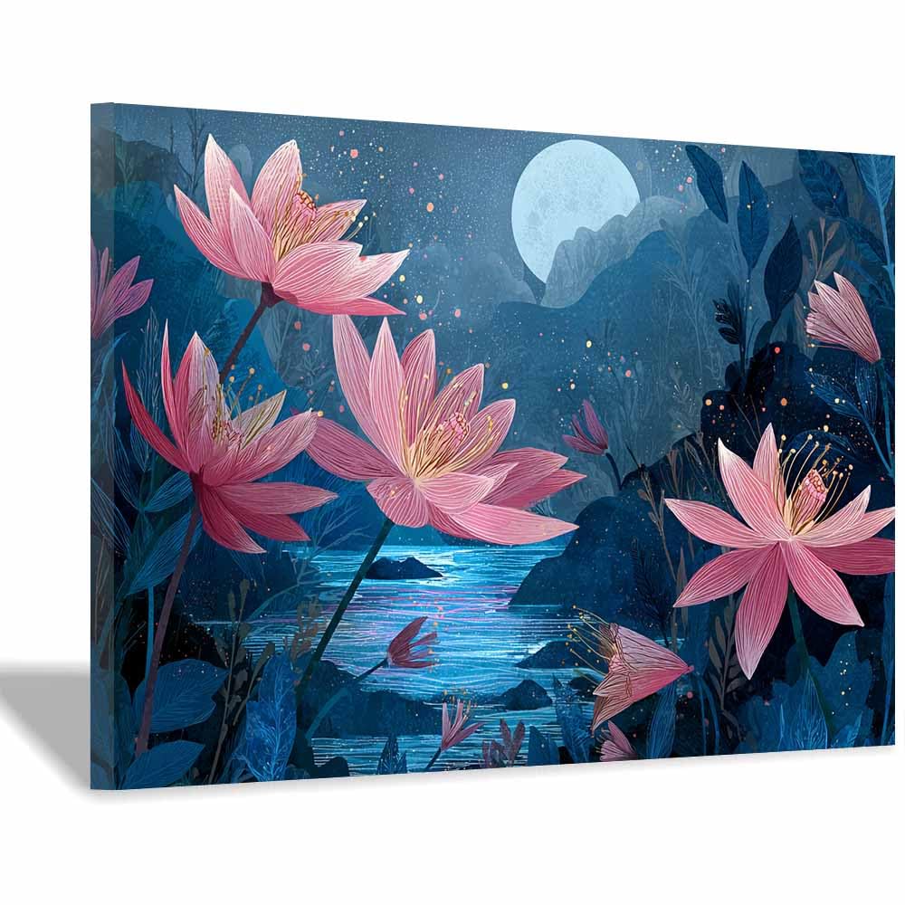 Hoqiu Multicolor Flower Wall Art Canvas Night Lotuses Pond Print Artwork, Wall Decoration Living Room Bedroom Hallway Stairs Decoration.(Multicolor)-60X80cm Framed