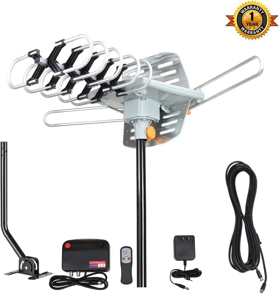 Outdoor Amplified HDTV Antenna with Adjustable Antenna Mount Pole 150 Miles Range 360° Rotation Wireless Remote for A Better Reception with 4K Ready