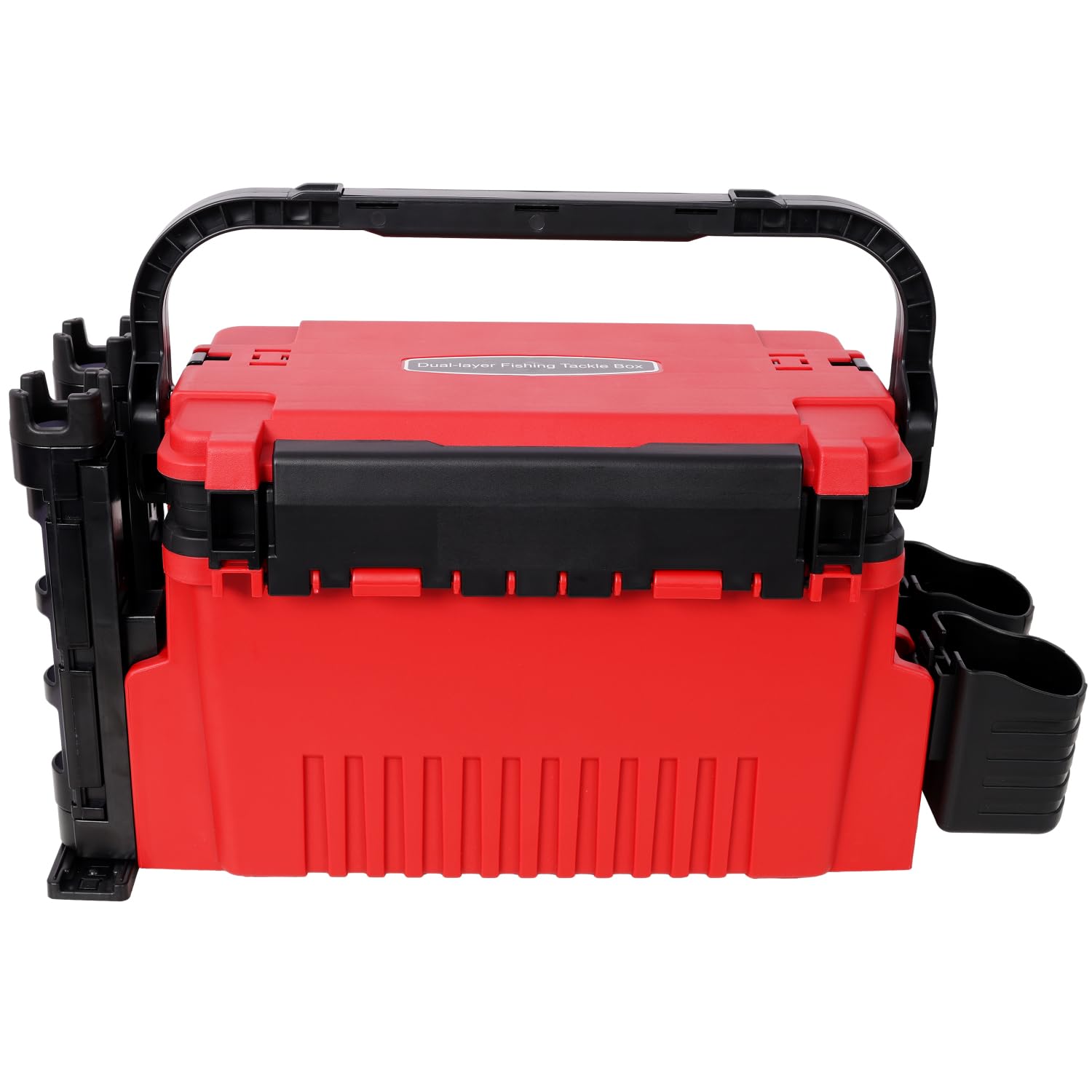 Red Plastic Layer Fishing Tackle Box with 2 Rod Holders & 2 Cup Holders - Portable & Durable Outdoor Organizer