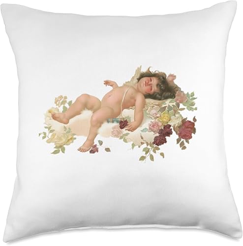 Young Vintage Angel Sleeps Among The Clouds and Flowers - Almohada de 18 x 18 pulgadas, multicolor