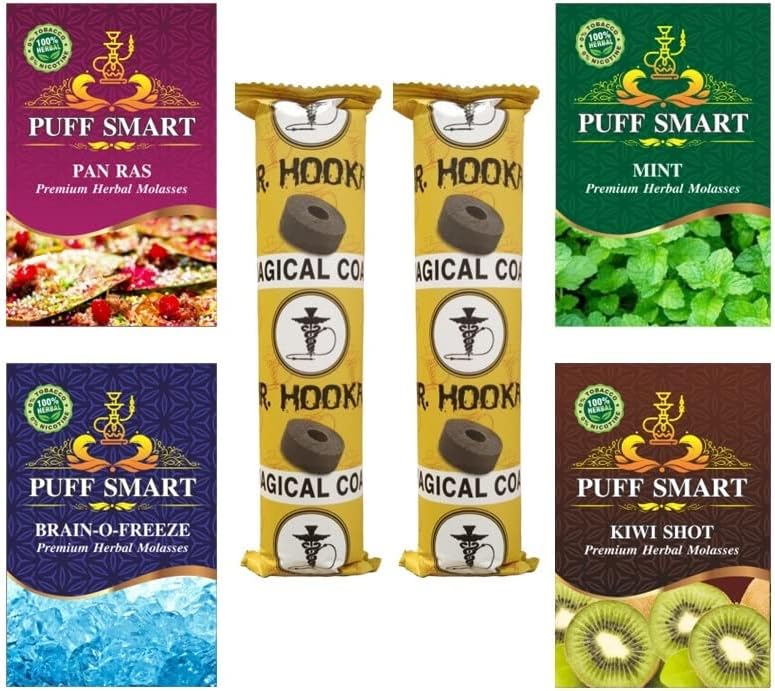 PUFF SMART Premium Herbal Flavor Pan Ras, Mint, Brain-O-Freeze, Kiwi Shot With 2 Polo Charcoal Combo (100% Nicotine And Tobacco Free)