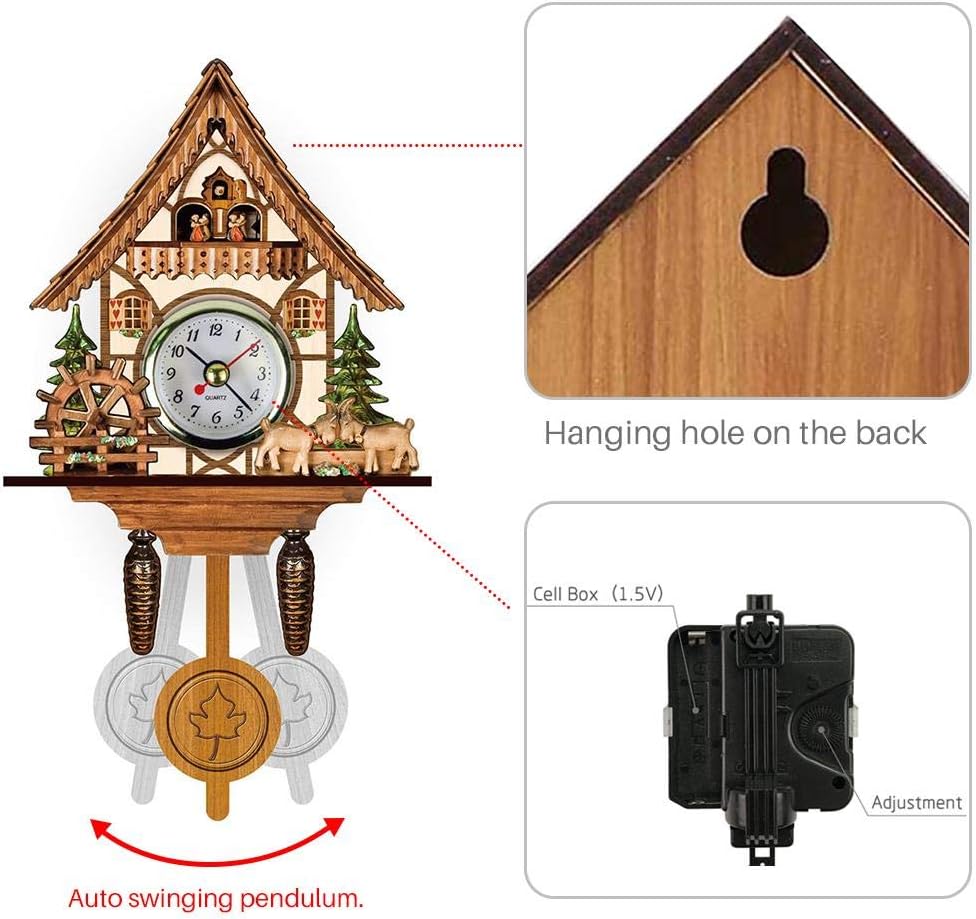 JTLB Birdhouse Cuckoo Clock with Swing Bell, Pendulum, Automatic, Traditional European Wall Clock, Home Decoration, Plastic + Medium Density Fiberboard (CM005)