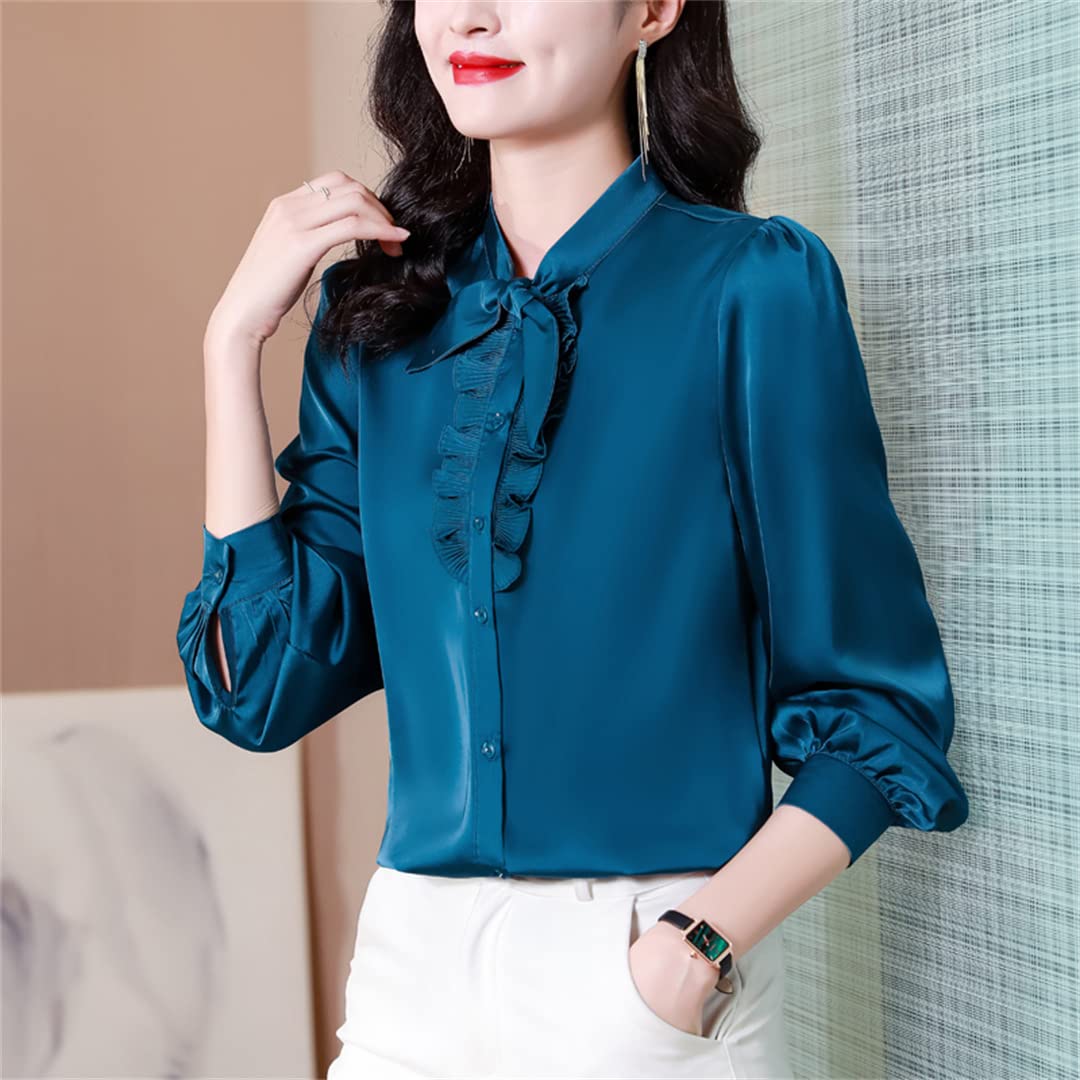 Blusa de satén de Seda con Cuello de Lazo en la Parte Delantera con Volantes para Mujer Camisas de Oficina de Manga Larga de Primavera para Mujer Pic-4 L