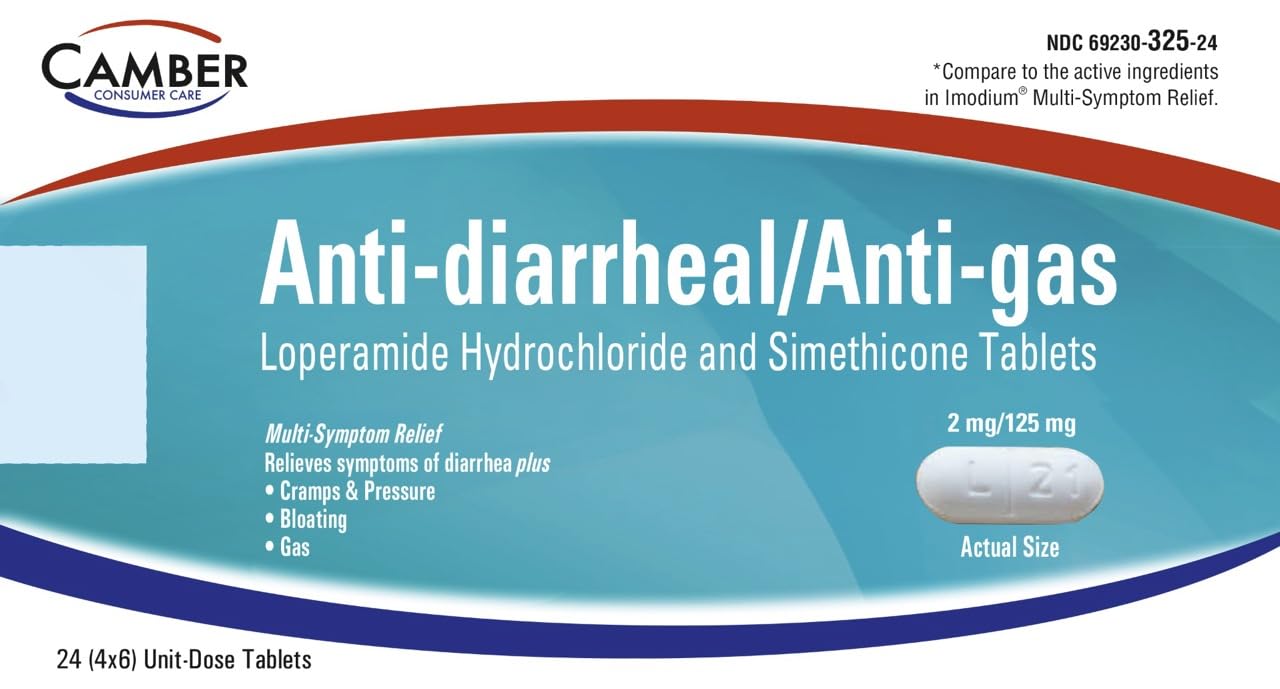 Camber Loperamide and Simethicone Multi-Symptom Tablets, Anti-Diarrheal and Anti-Gas, 24 Count