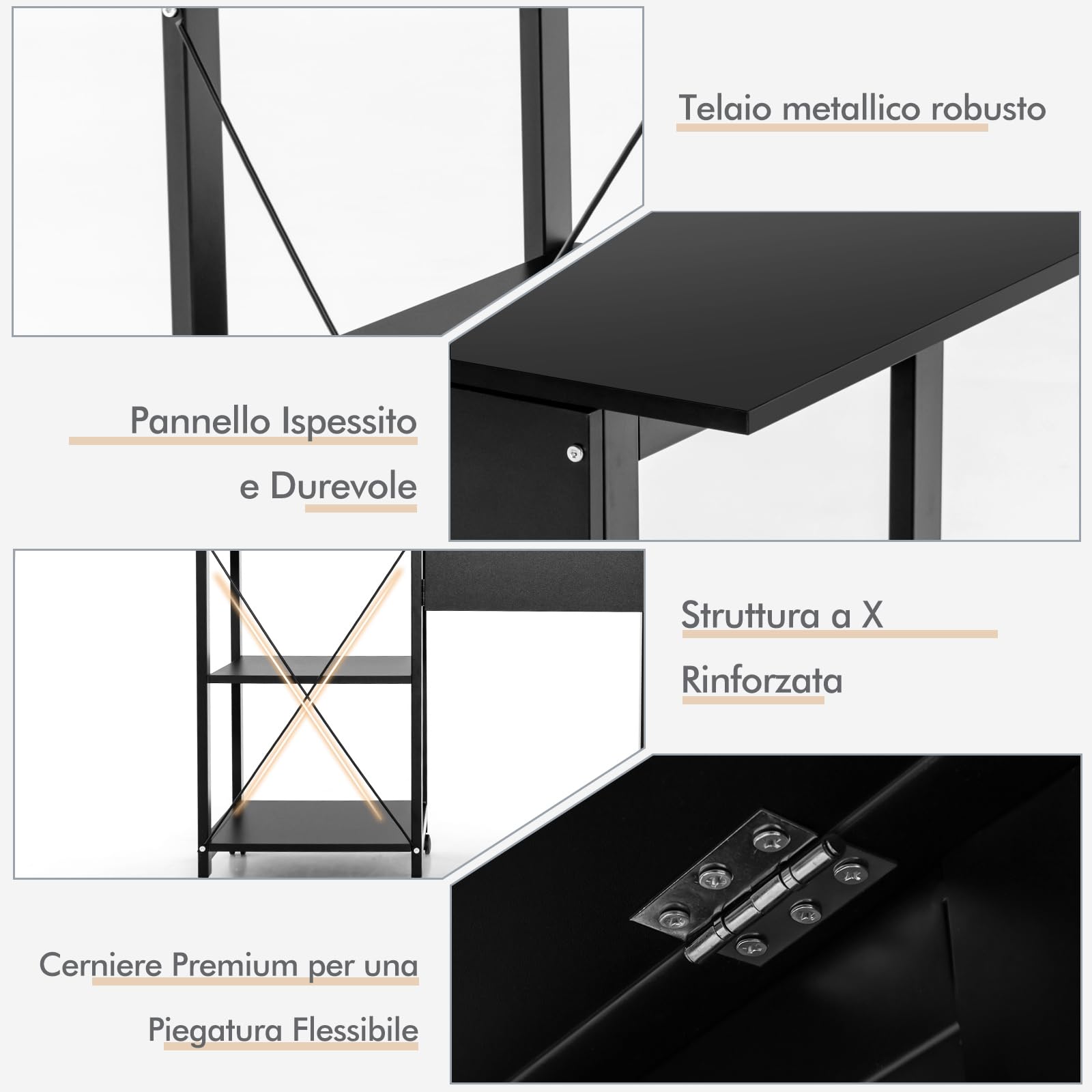 COSTWAY Scrivania Pieghevole per Computer, Scrivania Moderna con 2 Mensole, Postazione di Lavoro per PC con 6 Ruote, Scrivania Compatta Salva Spazio per Casa Ufficio, Marrone (Nero)
