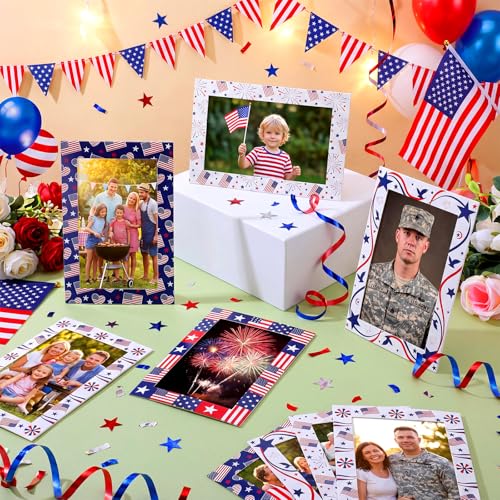 Image of AmazingSpark 50 Pack Patriotic Picture Frames 4x6, Independence Day Photo Booth Frames Bulk, Flag Day 4th of July Paper Photo with Easel Back, Assorted USA Flag Designs for Party Table Decor