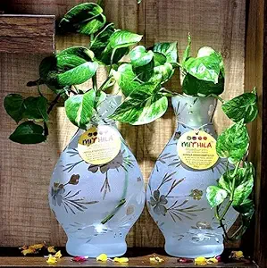 Mithila Handicrafts Glass Vases Flower Pots (Set of 2) for Flowers & Plants | Home Decor, Balcony, Indoor/Outdoor Elegant Printed Designed Vases, Glass Pot (24x15 cm)
