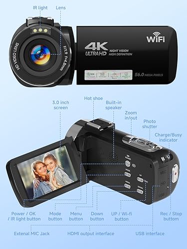 Miniatura 7 de Cámara Digital, Cámara de Video 4K Camcorder UHD 56MP WiFi para Vlogging, Zoom Digital 18X, Visión Nocturna IR, Cámaras con Pantalla Táctil de 3