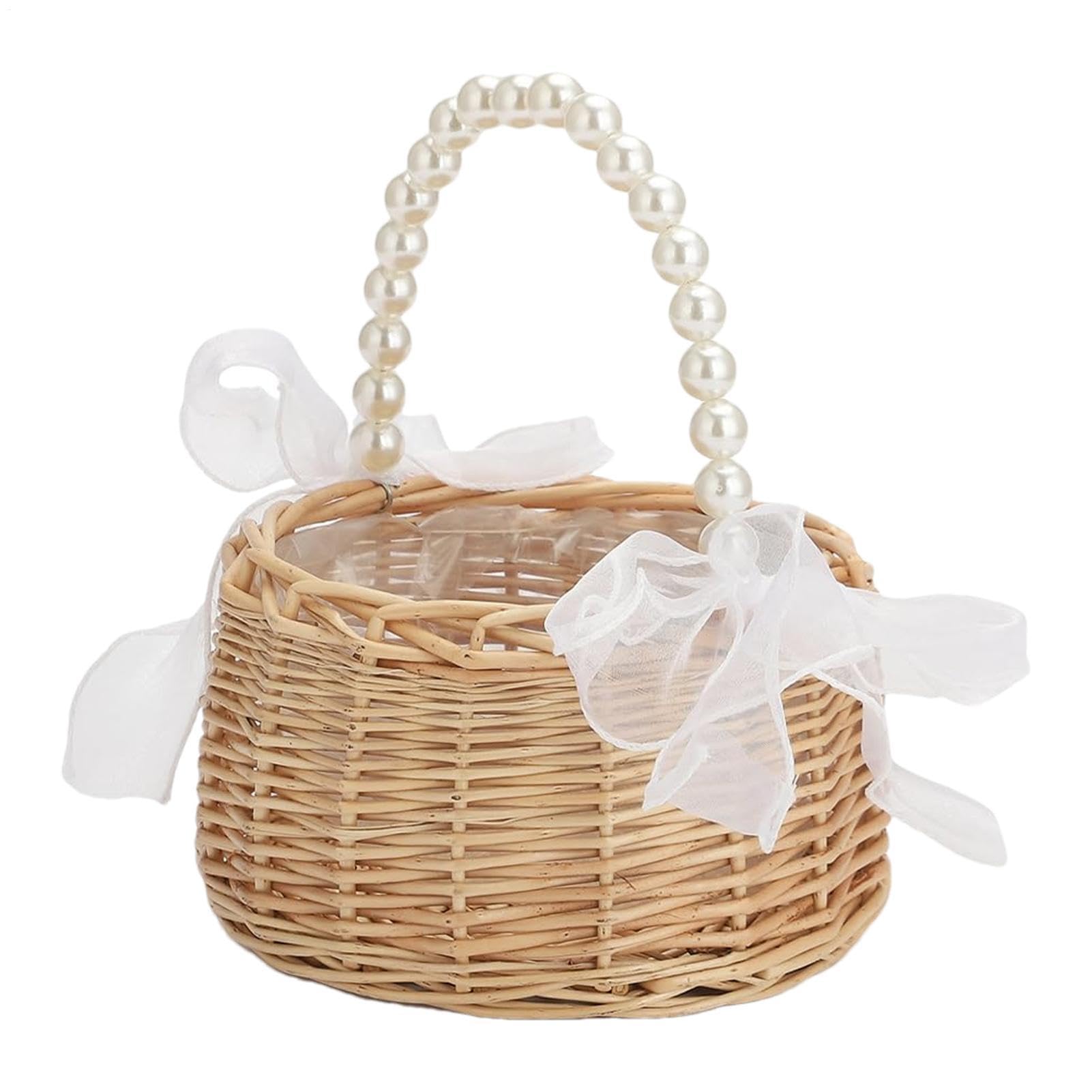 Cesto per fiori intrecciato, con manico di perle, cestino per biglietti di auguri di nozze, per damigelle d'onore, decoratori, biglietti di auguri, snack, casa, soggiorno, addio al nubilato, caminetto