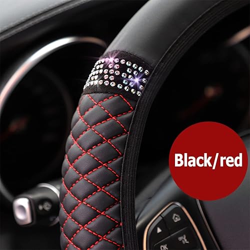 Miniatura 2 de Funda de cuero brillante para volante, protector de volante elástico con diamantes de imitación coloridos, piel sintética suave con diamantes de