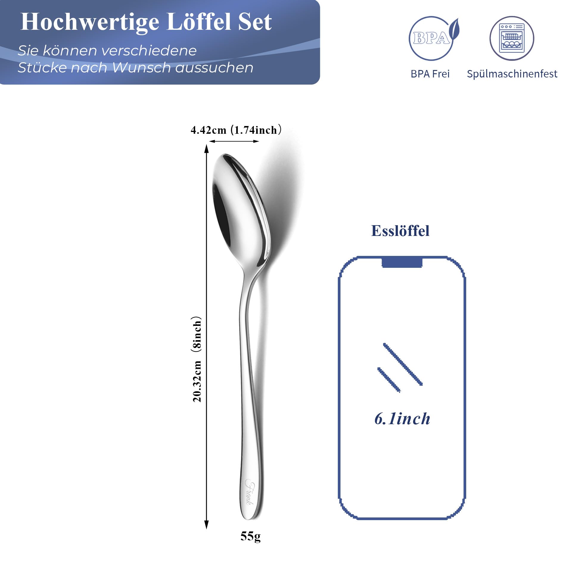 personalisierbarer Löffel Set mit Gravur, 12 Stück Esslöffel, 20cm | Edelstahl Suppenlöffel, Individuelles Geschenk für Hochzeit/Geburtstag, Tafellöffel, Spülmaschinenfest, Spiegelpoliert