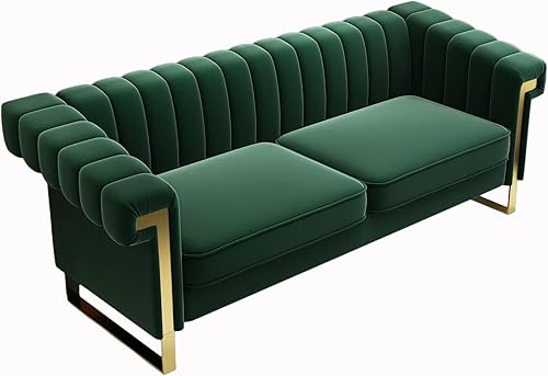 Miniatura 95 de Sofá de terciopelo verde de 83.46 pulgadas de ancho con patas metálicas doradas, sofá tapizado de brazo alto de 3 plazas para sala de estar,