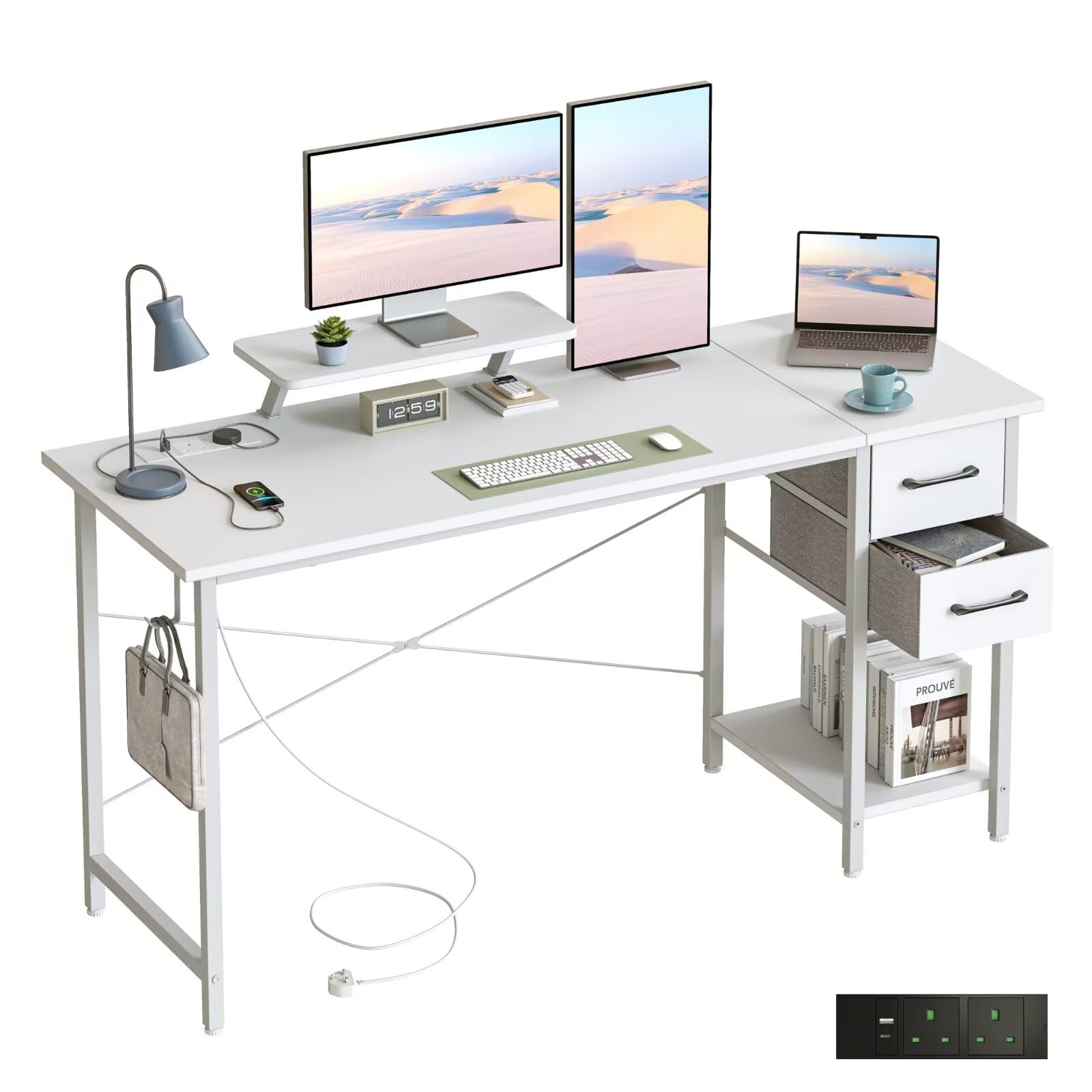 DOMSHOCT Computer Desk with Drawers & Power Outlets, 140*50cm Home Office Desk with Monitor Stand