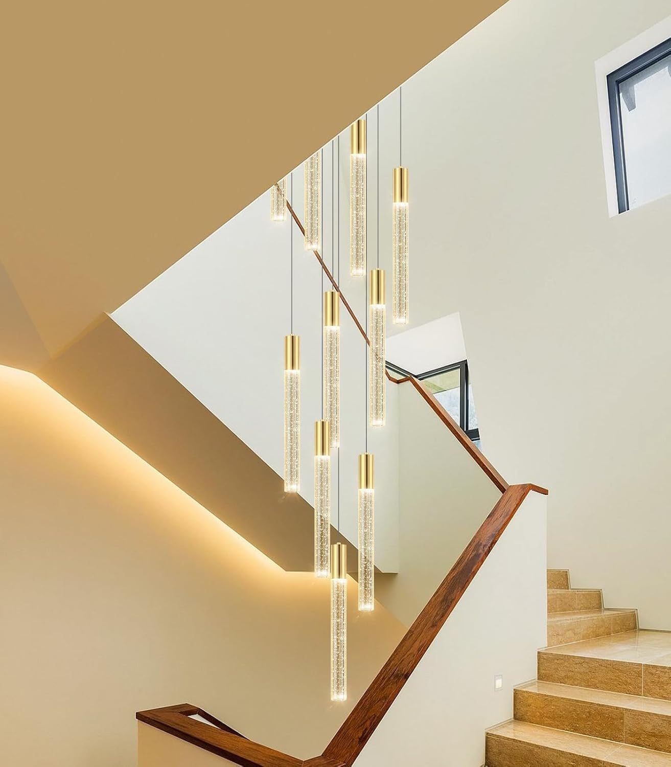 Ściemnialne lampy wiszące LED, nowoczesny kryształowy żyrandol wiszący na wysokie sufity, duży żyrandol do foyer/wejścia, oświetlenie do salonu, przedpokoju, korytarza, klatki schodowej, oprawa