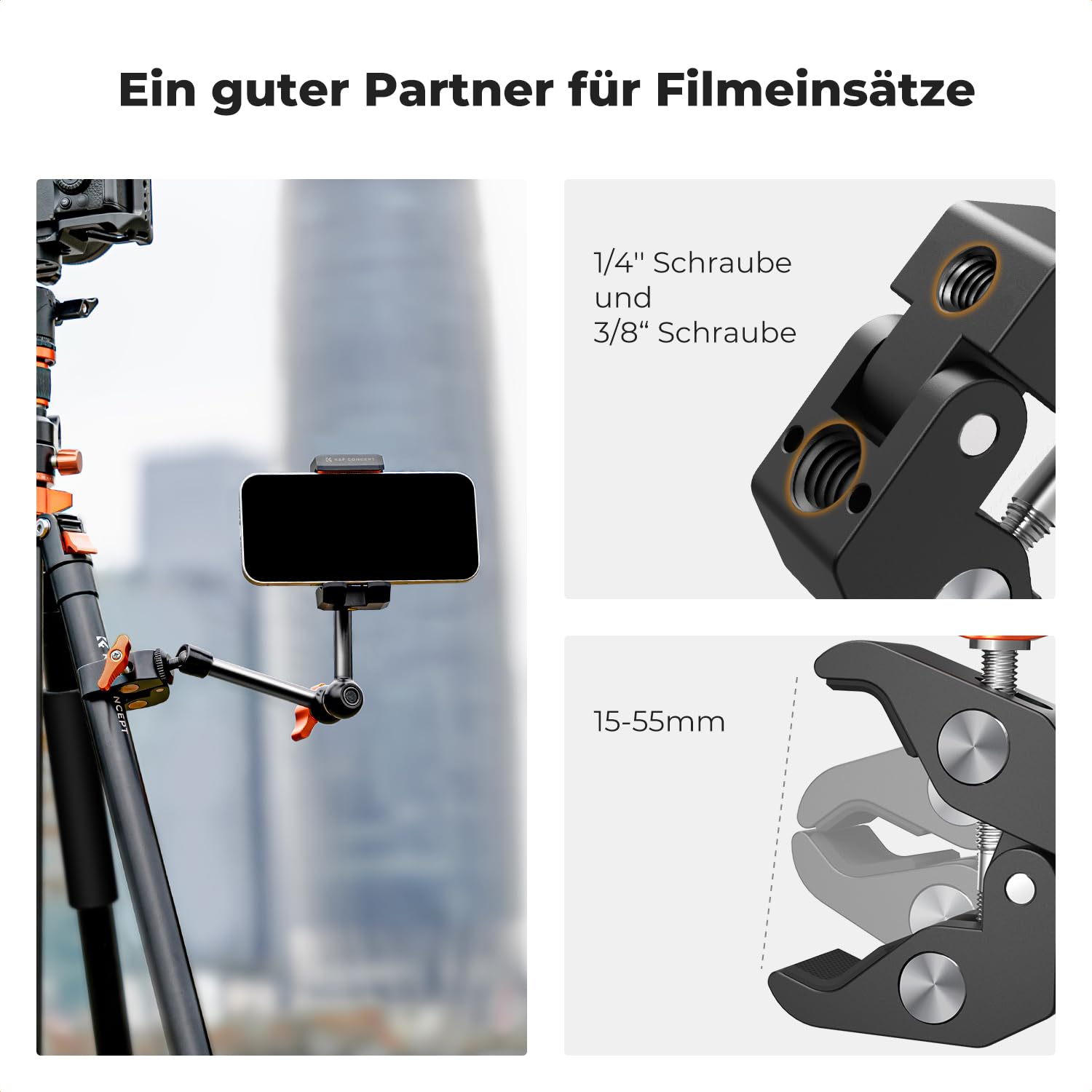 K&F CONCEPT 9,8 Zoll Magic Arm mit Super Clamp, Kamera Halterung für Käfig Monitor LED Licht Action-Kamera, 2 KG Belastung