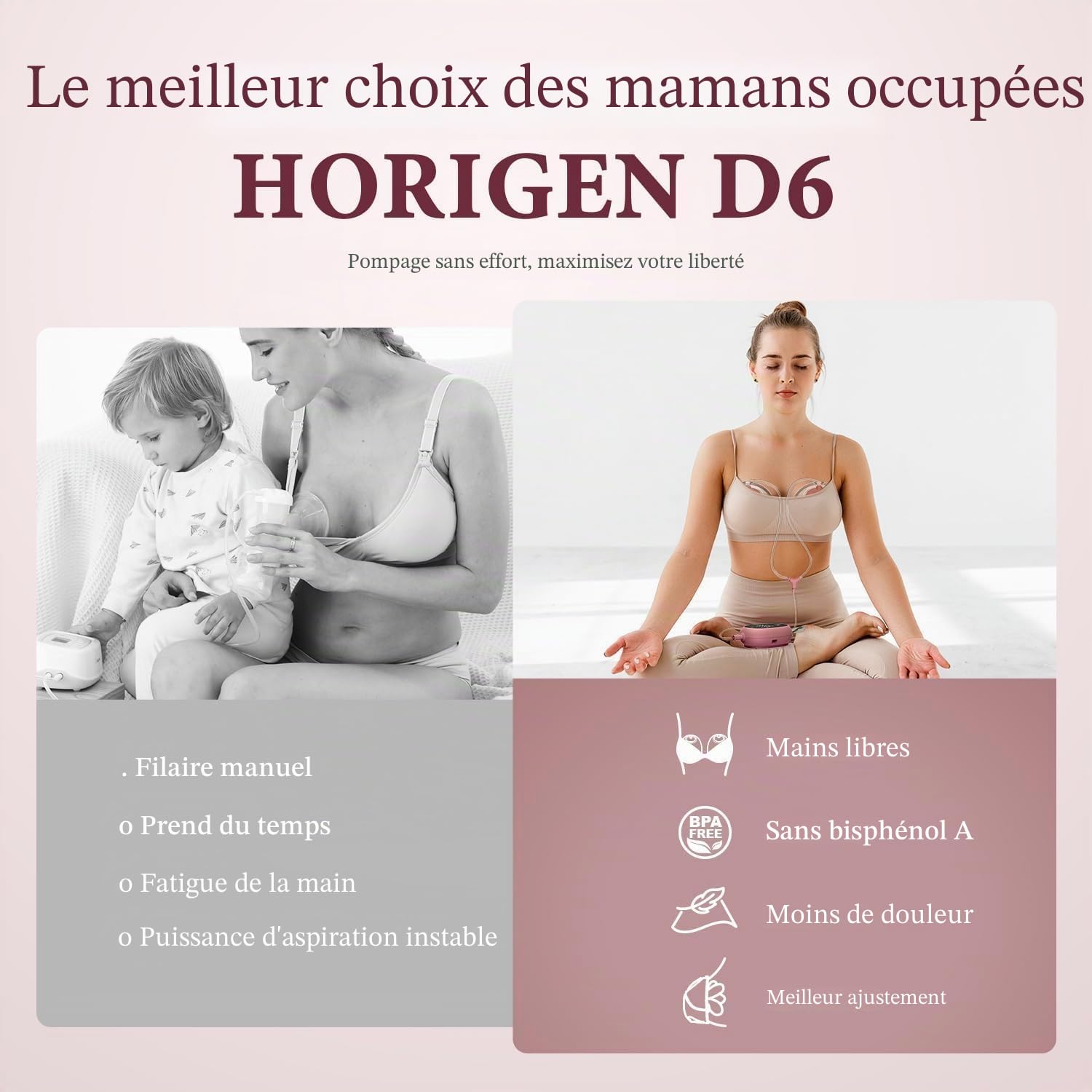 Horigen Tire-lait mains libres D6, tire-lait portable ultra léger avec bride à double joint souple – 25 mm, pompe électrique portable silencieuse et anti-fuite, 3 modes et 9 niveaux, moteur à faible