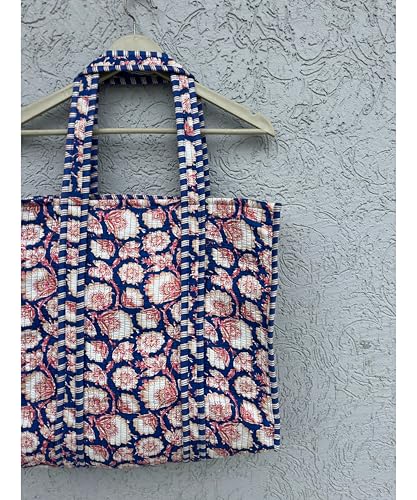 Image of Quilted Cotton Handprinted Reversible Large multicolor Floral Tote Bag,Hand Block Print Shopping Shoulder Carry Bag