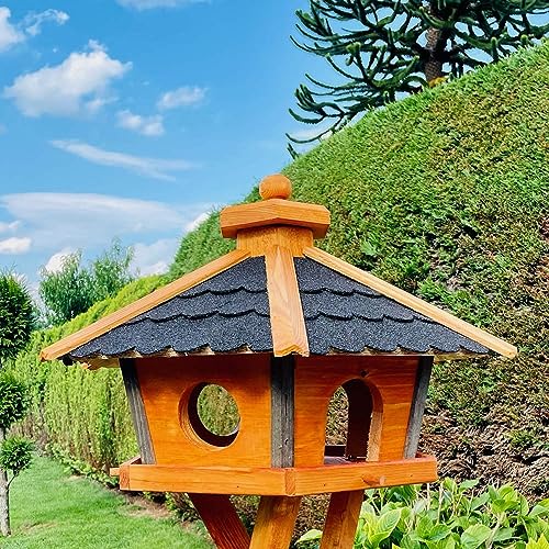 DARLUX Vogel Futter Haus L oder XL Sechseck Holz Vogelhaus Futterstelle Braun/Blau, Rot, Schwarz und Grün (XL ohne Ständer, Schwarz - Braun)