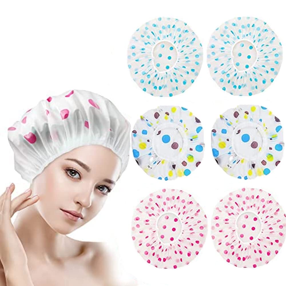 Quesuc Gorro de ducha reutilizable, paquete de 6, gorro de baño elástico impermeable para mujer, protección para el cabello para mujer, ducha, spa, salón, baño, uso doméstico