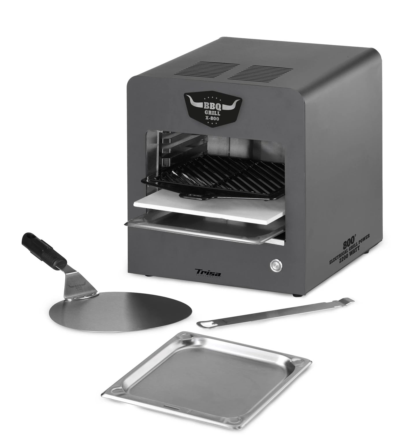 Trisa BBQ Grill X-800 2200W, 800°C Oberhitzegrill, Rauchfrei Indoor Outdoor | 2200W Halogen, 800°C Oberhitze, Pizzastein & Schaufel Inklusive; Grillrost, 2 Auffangschalen, Flaschenöffner