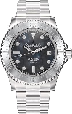 OceanevaTM Mens Deep Marine Explorer III 3000M Pro Diver Watch Gun Metal Gray Mother of Pearl Dial - Stainless Steel Bracelet 38 Hour Power Reserve