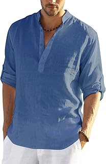 Men's Cotton Linen Henley T-Shirts Long Sleeve Hippie Casual Beach T-Shirts