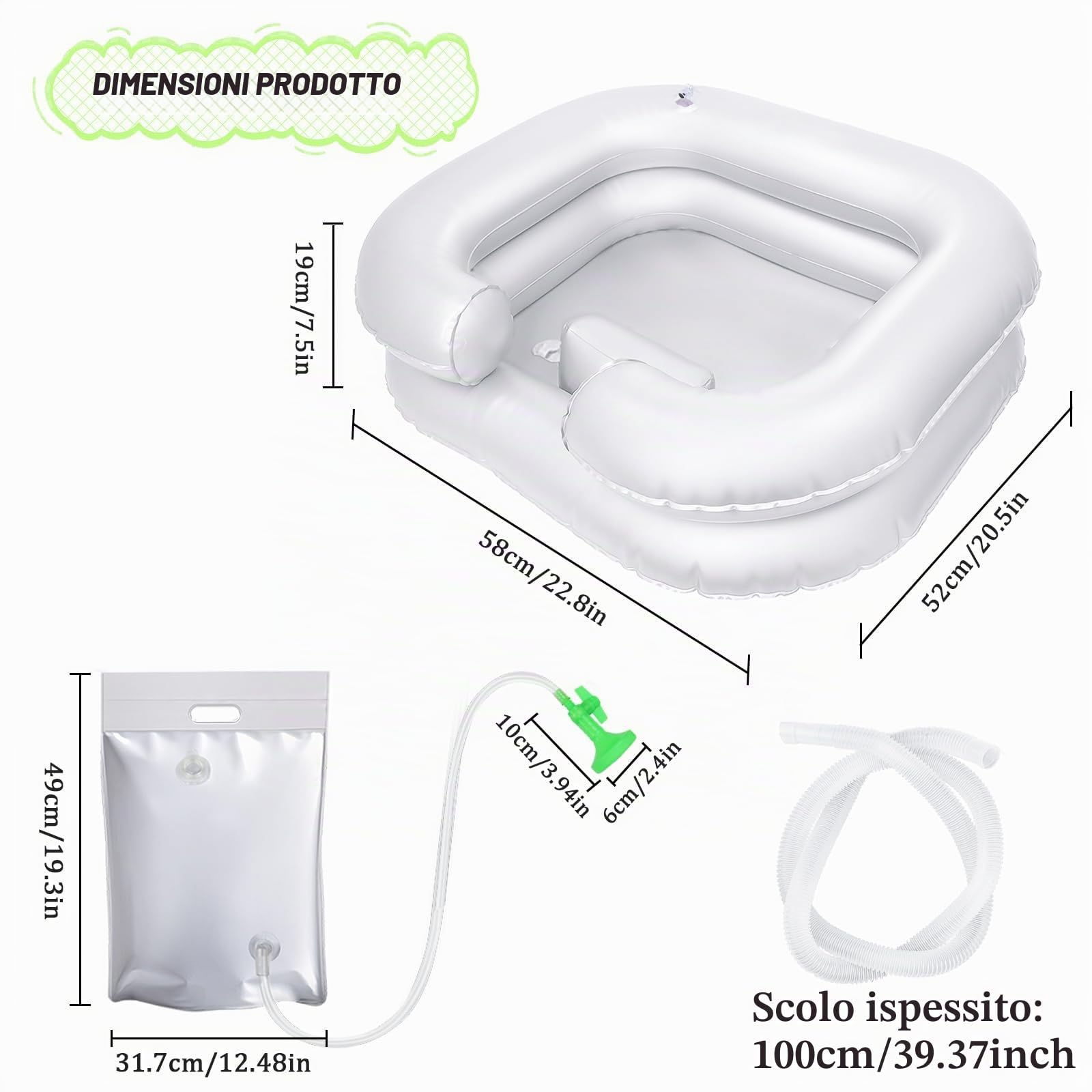 Lavatesta Gonfiabile Portatile Lavacapelli per Disabili Anziani con Soffione
