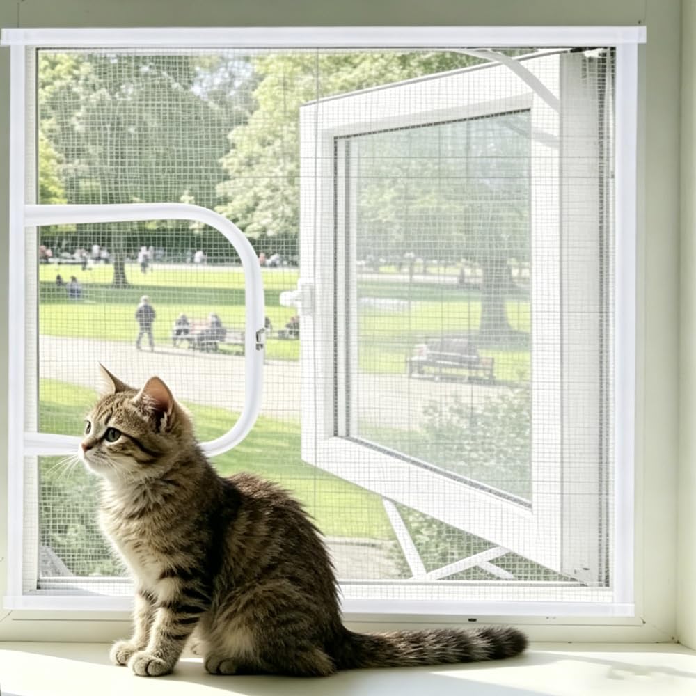 KUWUNG Cat Window Guard, 120 x 120cm Cat Proof Window Screen with Adhesive Strap, Window Fly Screen with Zipper Opening, Window Mesh Insect Screen, Fly Screens for Windows