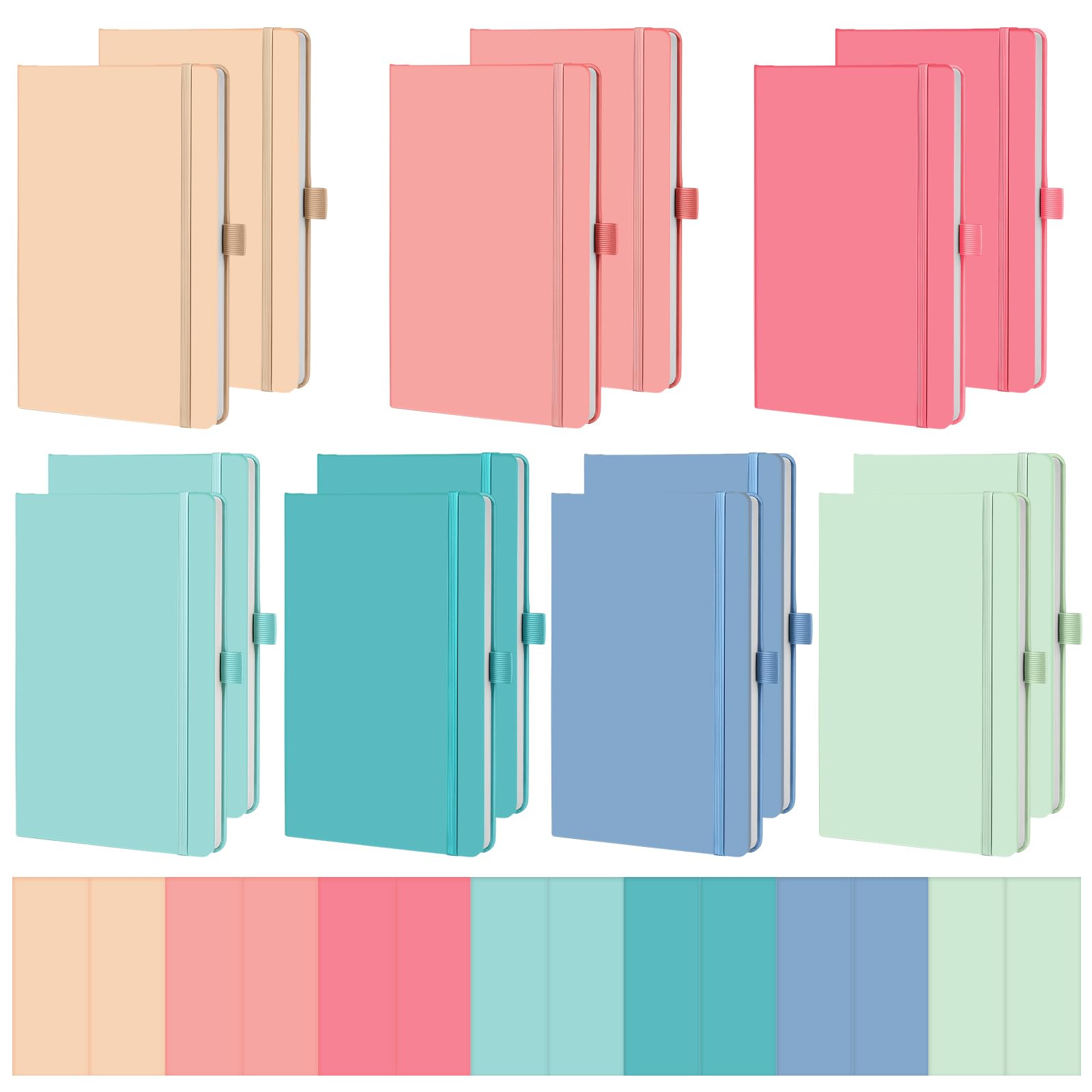 Laumoi Paquete de 14 cuadernos rayados de 5.5 x 8.2 pulgadas, cuaderno de tapa dura A5, bloc de notas con rayas universitarias con soporte para bolígrafo, diarios rayados de piel sintética para