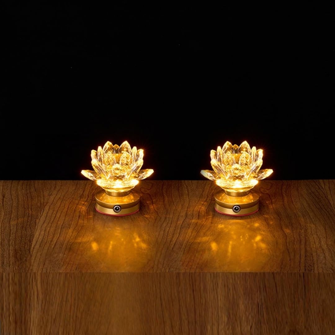 NYHGOXM Crystal Lotus Lamp Set of 2 USB LED Buddhist Altar Light Golden