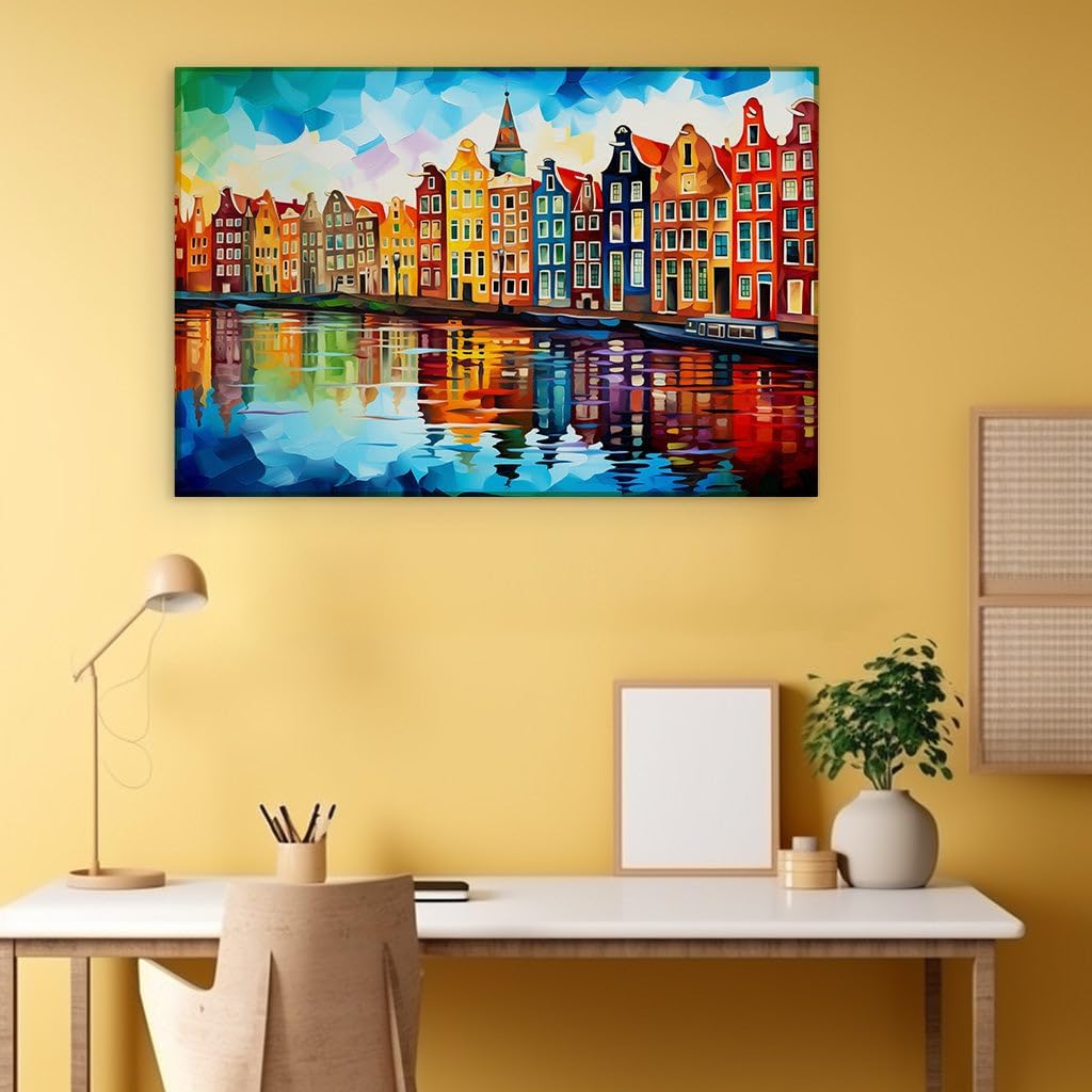 Canvas for Living room. Riverside Hues: An Impressionist Palette of Urban Serenity, 27 x 18 inch Canvas Wall Art - Contemporary Masterpieces - Modern Home Decor