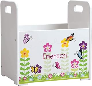 Fox Valley Traders Personalized Kids Wooden Book Caddy, Customized Childrenâ€™s Book Storage Bin, Flowers and Butterflies Design