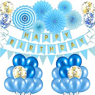 BEIZKNA Birthday Decorations for Boys Men Happy Birthday Banners Blue Party Decorations with Birthday Bunting,Latex Confetti Balloons,Paper Fan Birthday Party Decorations