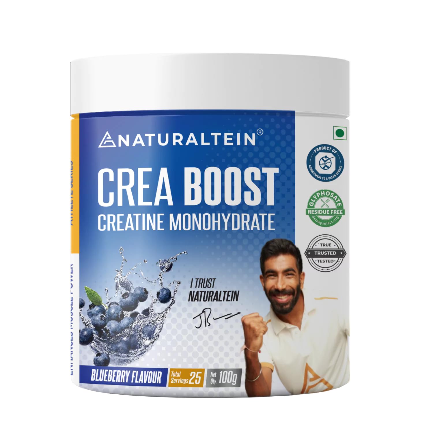 NATURALTEIN CreaBoost Creatine Monohydrate BlueBerry (100 Grams, 25 total servings) | No Artificial Sweeteners | Cologne List Certified | Boosts Strength & Muscle Recovery