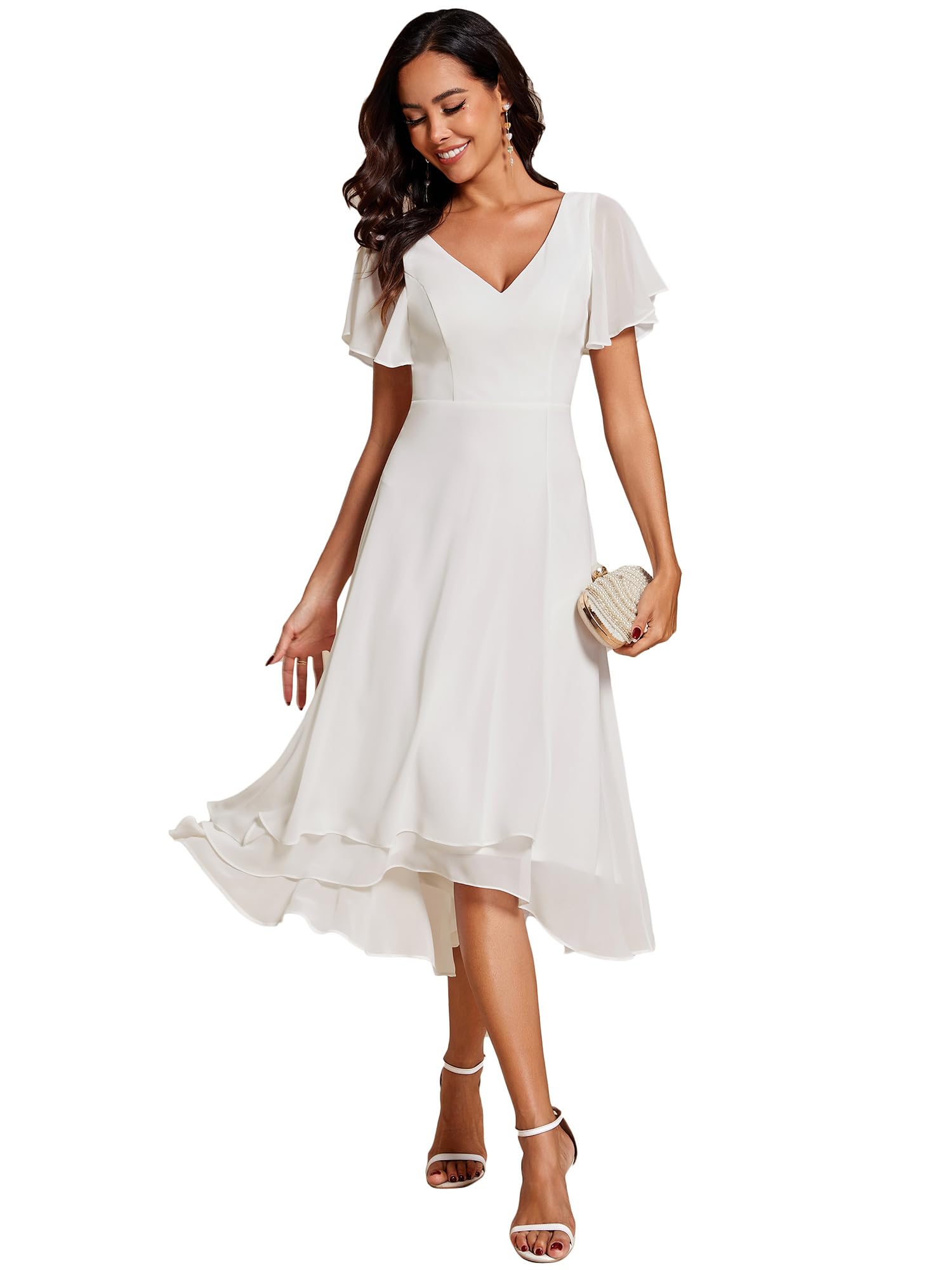 Ever-Pretty Robe Témoin de Mariage Asymétrique High Low Col V Manches Volantées Mousseline Midi Taille Empire Belle Robe Soirée Chic EG01756-P
