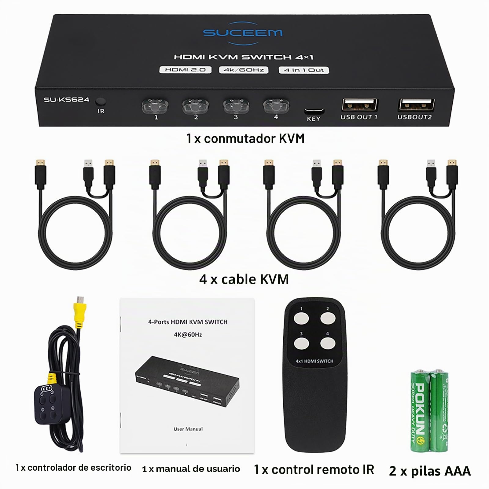 KVM Switch 4 PC 1 Monitor 4K60Hz - Interruptor HDMI KVM 4 Puerto PC Share Monitor USB 2.0 Teclado Ratón KVM Switch 4 Ordenadores Control remoto y 4 Cables KVM y Controlador de Escritorio